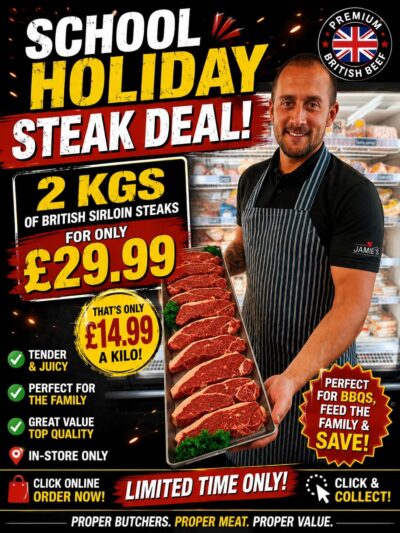 Promotional image advertising a steak deal: 2 kgs of British sirloin for Β£29.99, shown by a butcher in an apron with trays of raw steaks in a store.