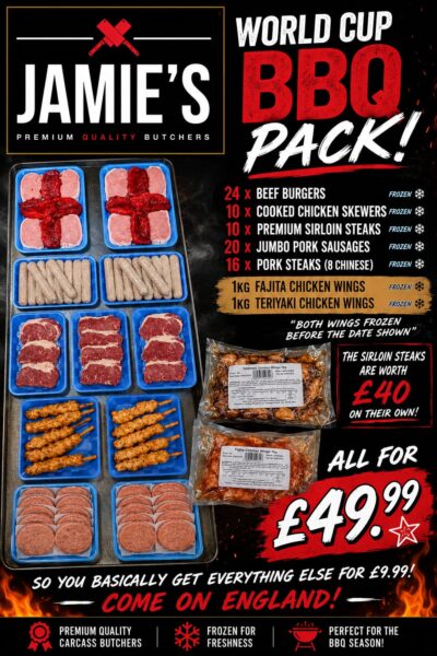 Promotional poster for Jamie's Premium Quality Butchers advertising a World Cup BBQ Pack with assorted frozen meats and wings on display.